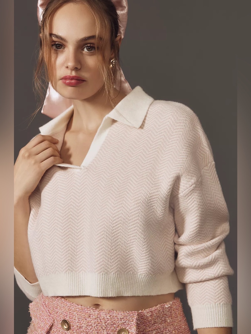 Anthropologie Maeve Chevron Polo Sweater - Pink/Cream